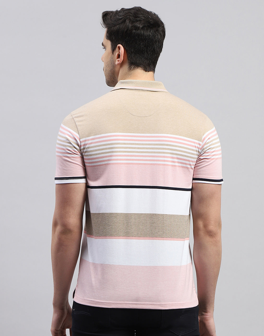 Men Pink Stripe Polo Collar Half Sleeve T-Shirt