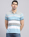 Men Blue Stripe Polo Collar Half Sleeve T-Shirt