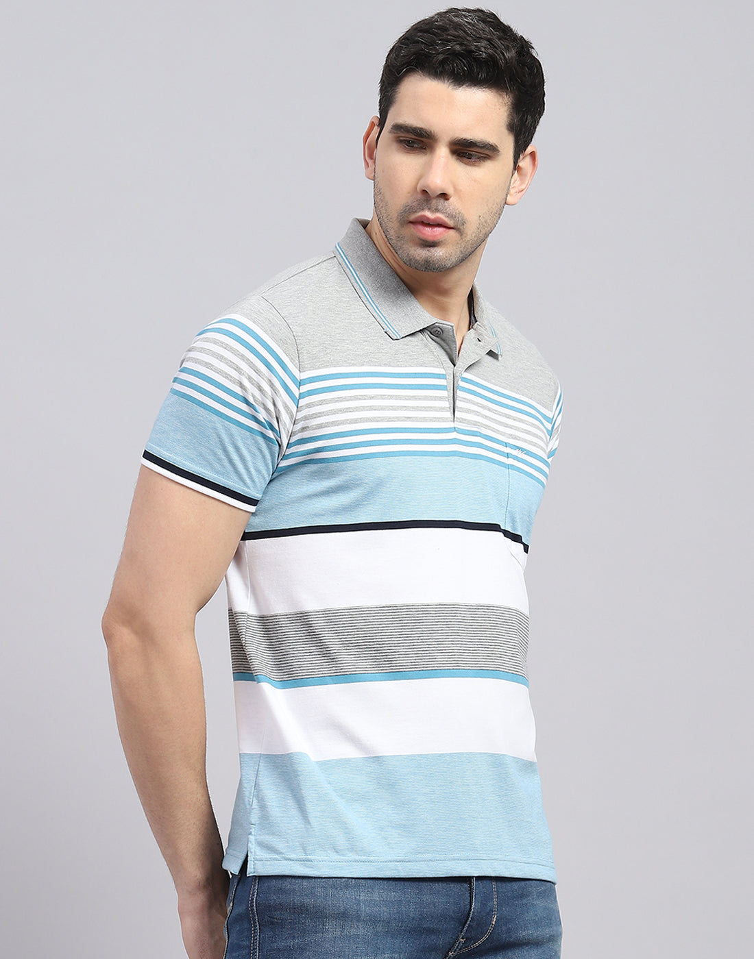 Men Blue Stripe Polo Collar Half Sleeve T-Shirt