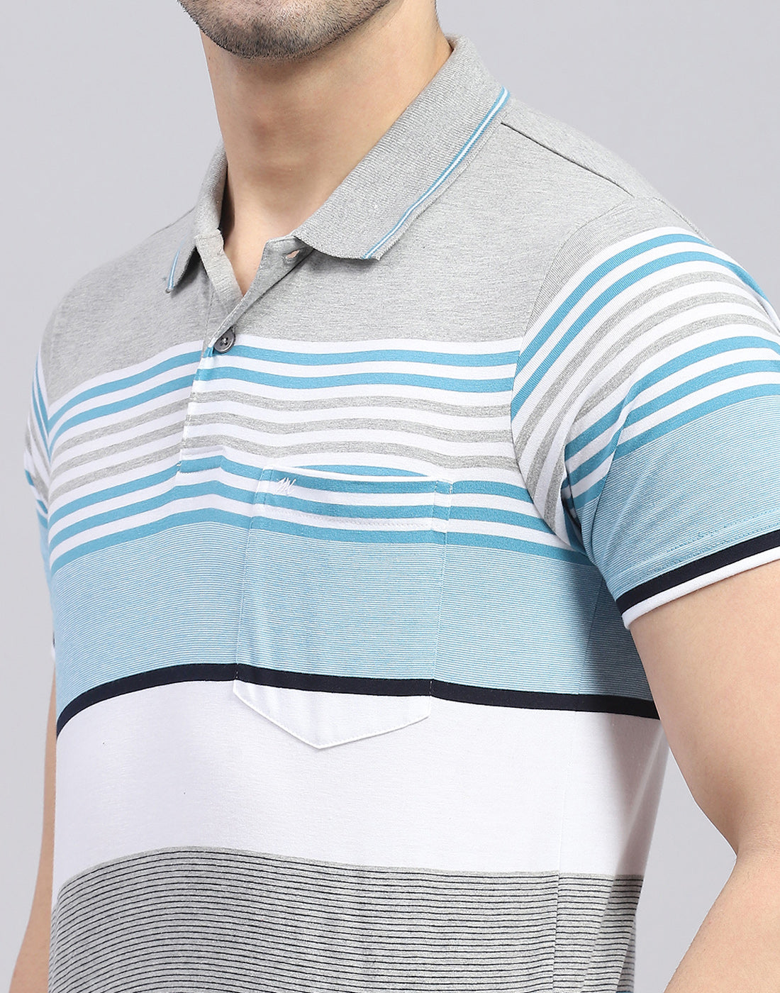Men Blue Stripe Polo Collar Half Sleeve T-Shirt