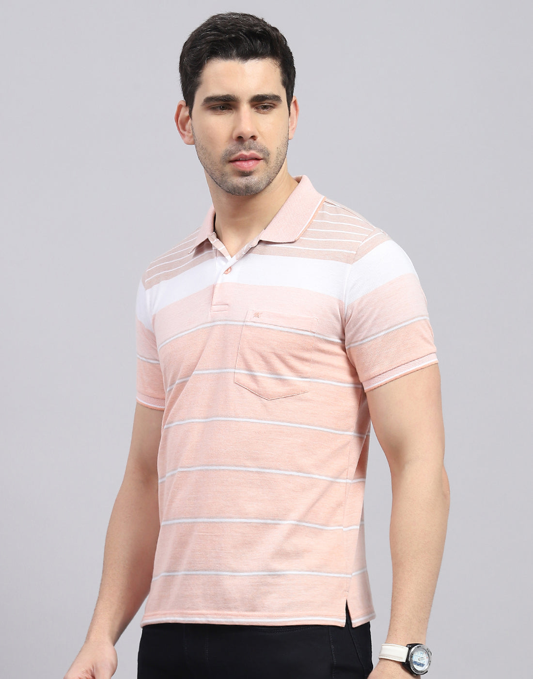 Men Pink Stripe Polo Collar Half Sleeve T-Shirt