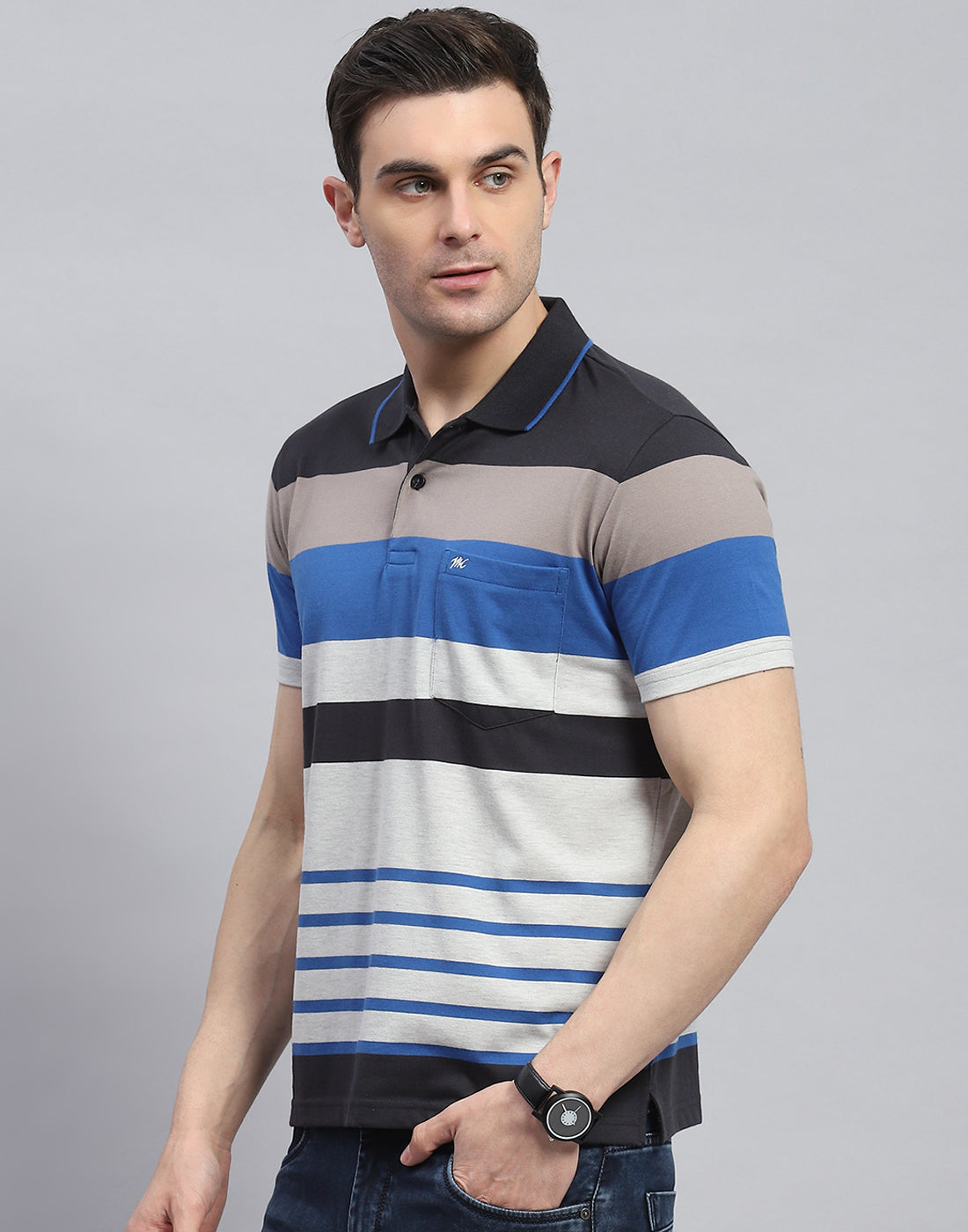 Men Blue Stripe Polo Collar Half Sleeve T-Shirt