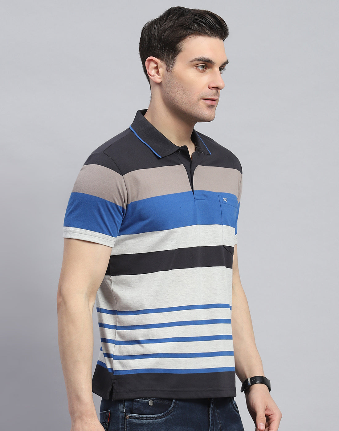 Men Blue Stripe Polo Collar Half Sleeve T-Shirt
