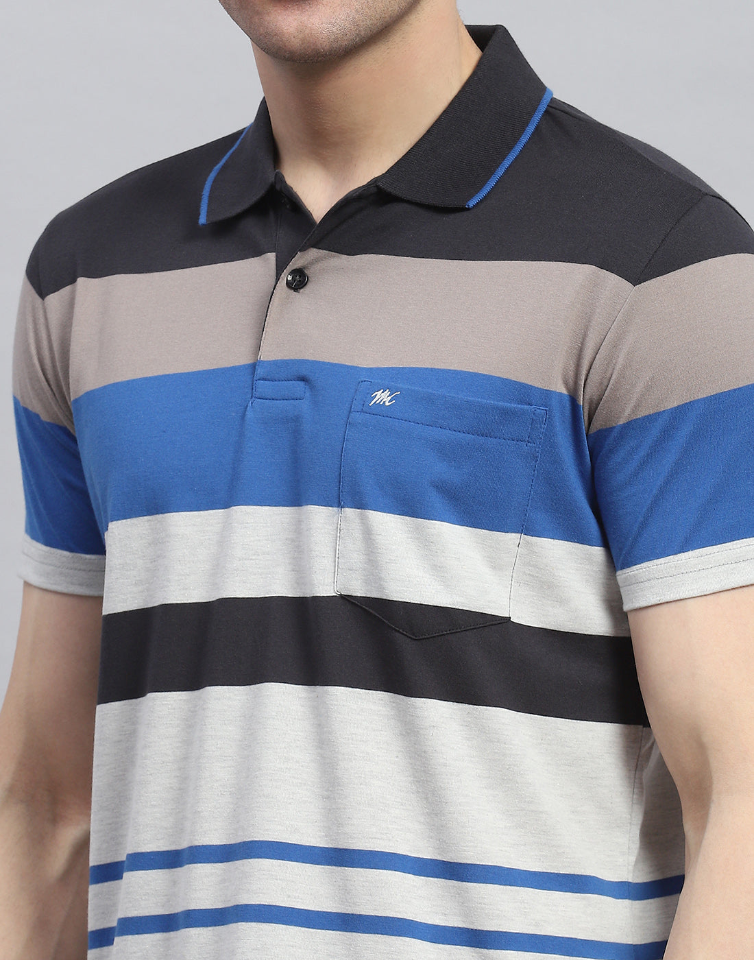 Men Blue Stripe Polo Collar Half Sleeve T-Shirt