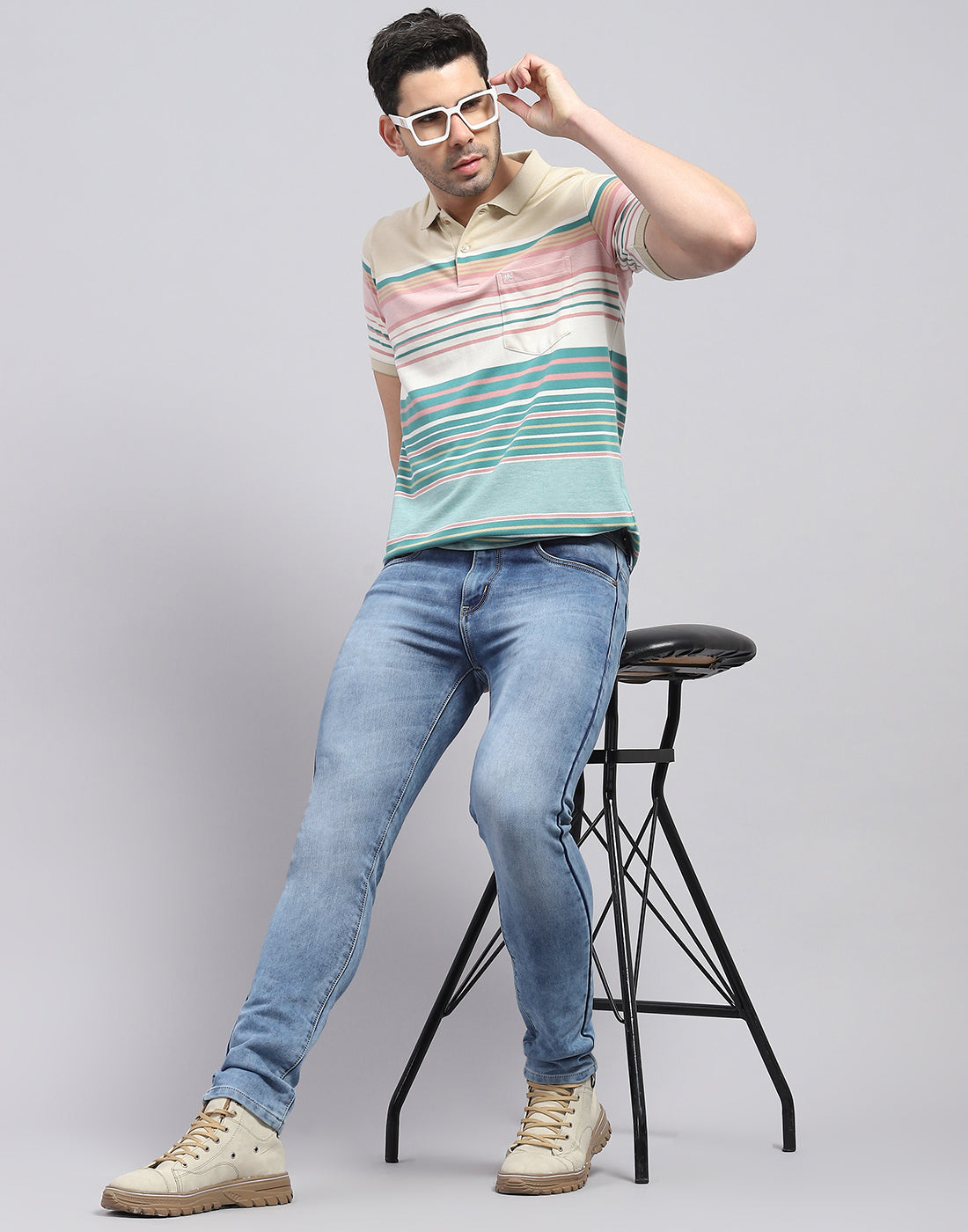 Men Green Stripe Polo Collar Half Sleeve T-Shirt