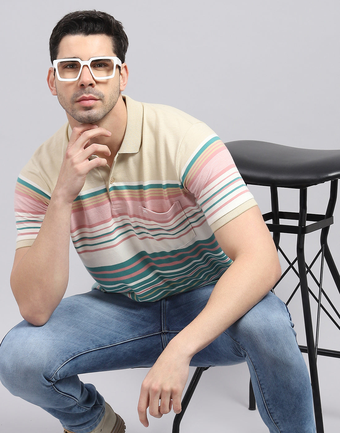 Men Green Stripe Polo Collar Half Sleeve T-Shirt