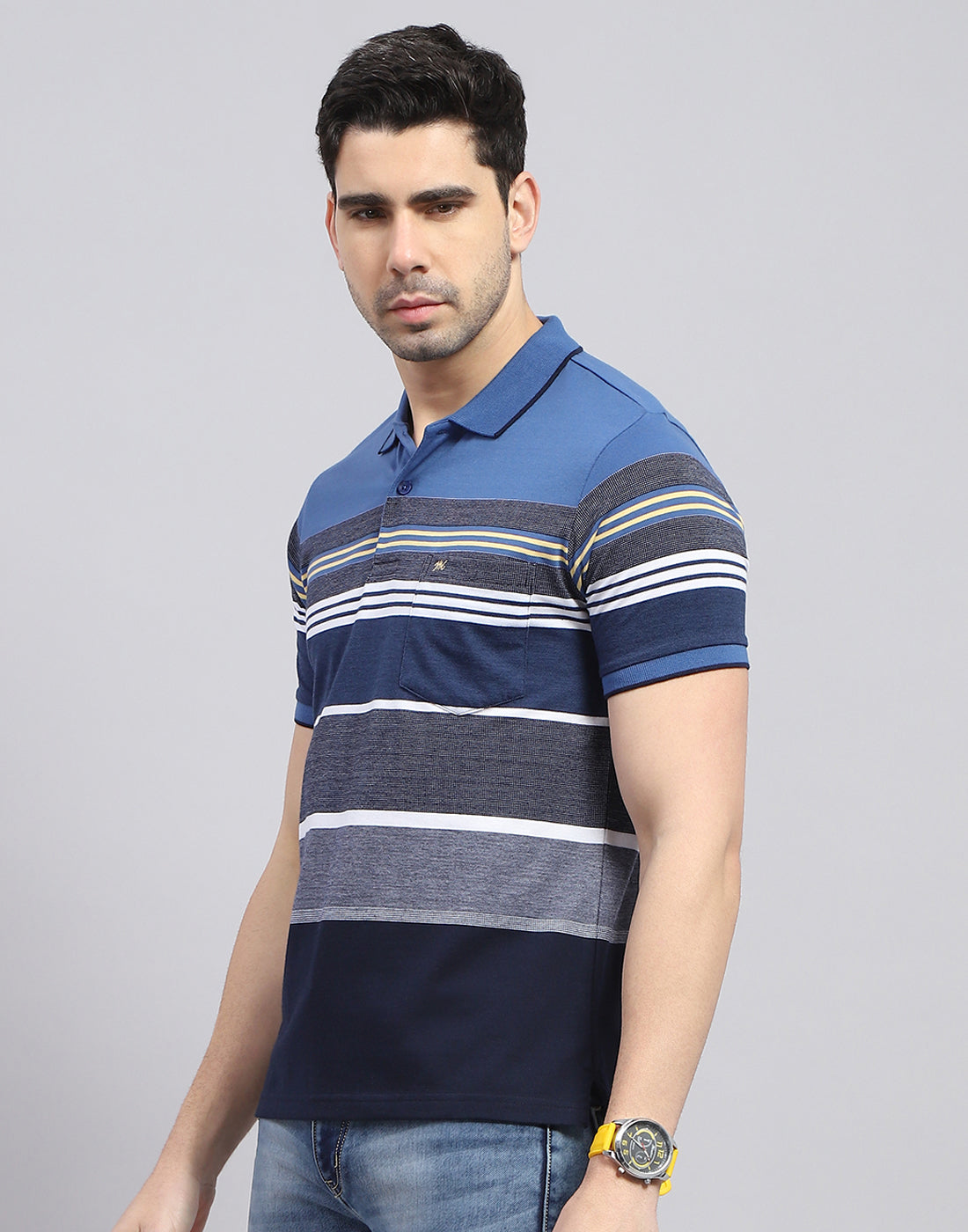 Men Blue Stripe Polo Collar Half Sleeve T-Shirt