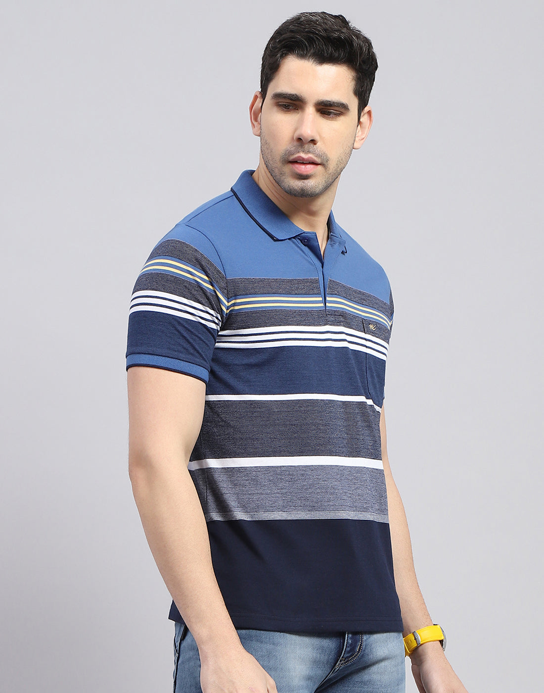 Men Blue Stripe Polo Collar Half Sleeve T-Shirt