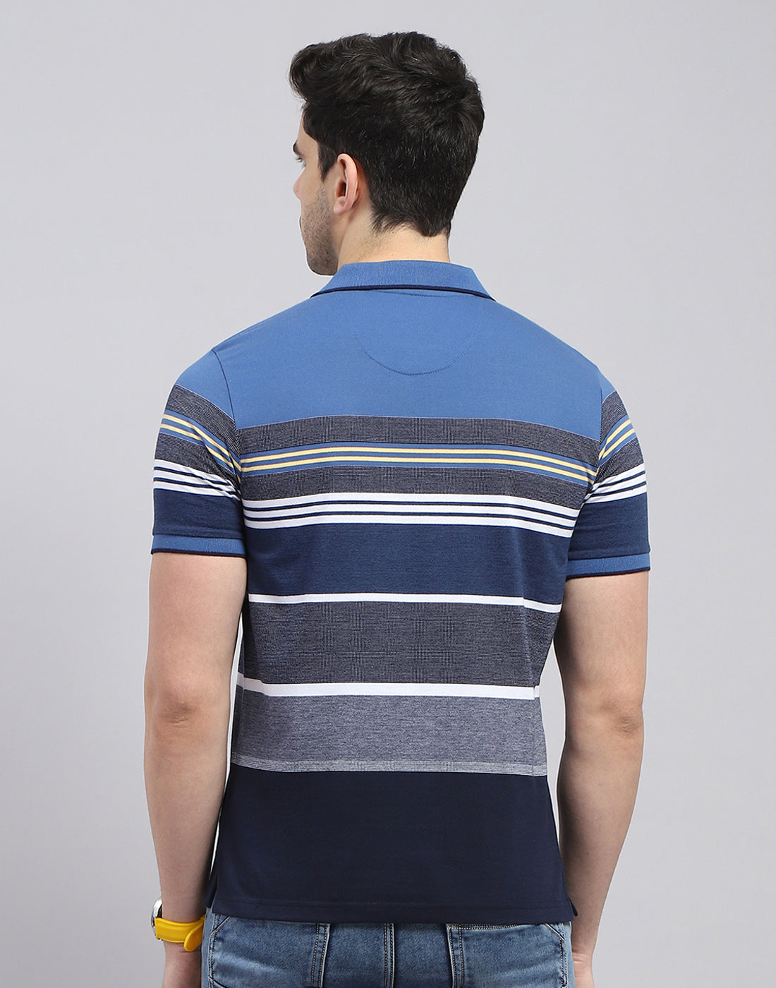 Men Blue Stripe Polo Collar Half Sleeve T-Shirt
