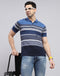 Men Blue Stripe Polo Collar Half Sleeve T-Shirt
