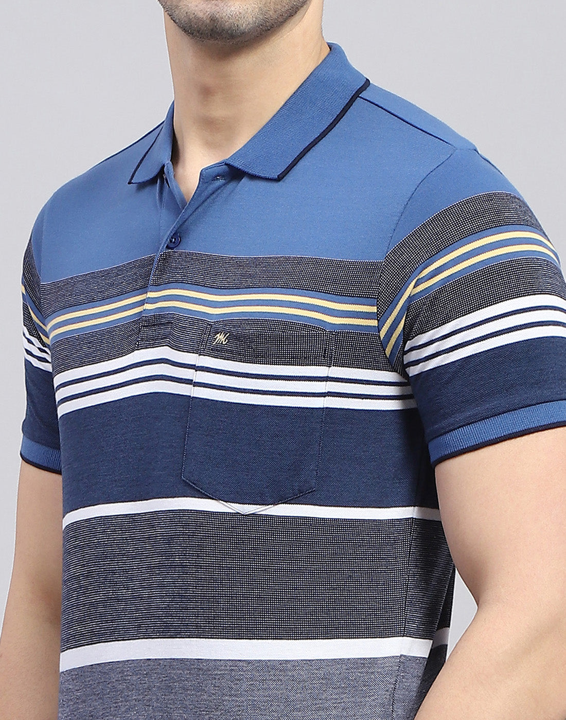 Men Blue Stripe Polo Collar Half Sleeve T-Shirt