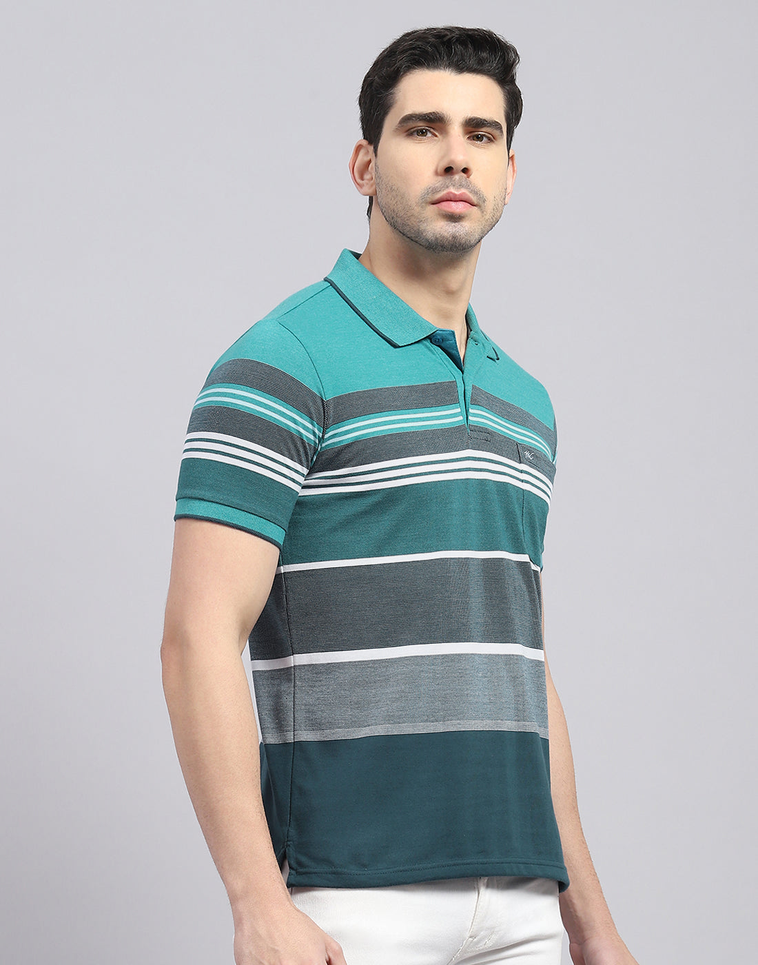 Men Turquoise Blue Stripe Polo Collar Half Sleeve T-Shirt