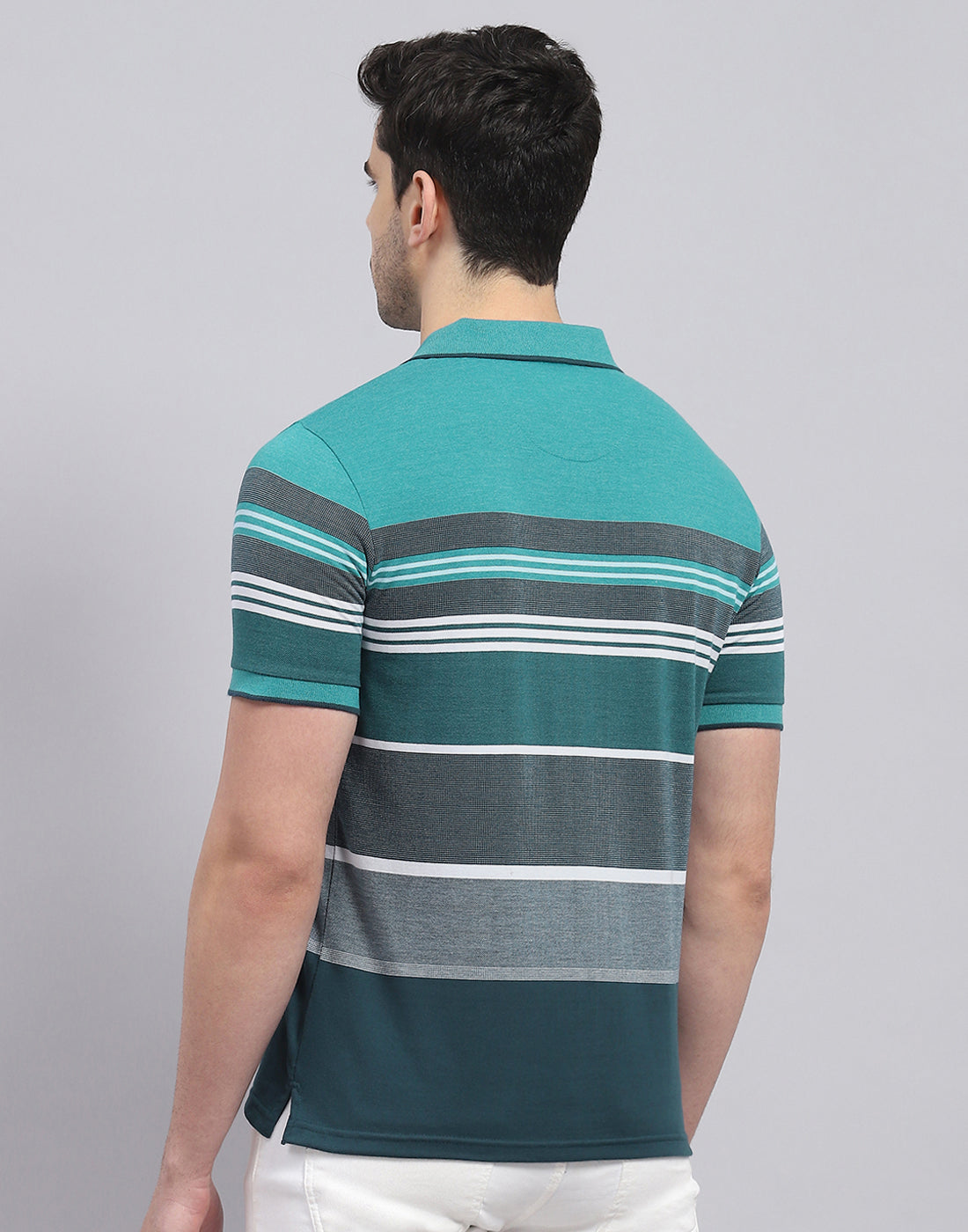 Men Turquoise Blue Stripe Polo Collar Half Sleeve T-Shirt