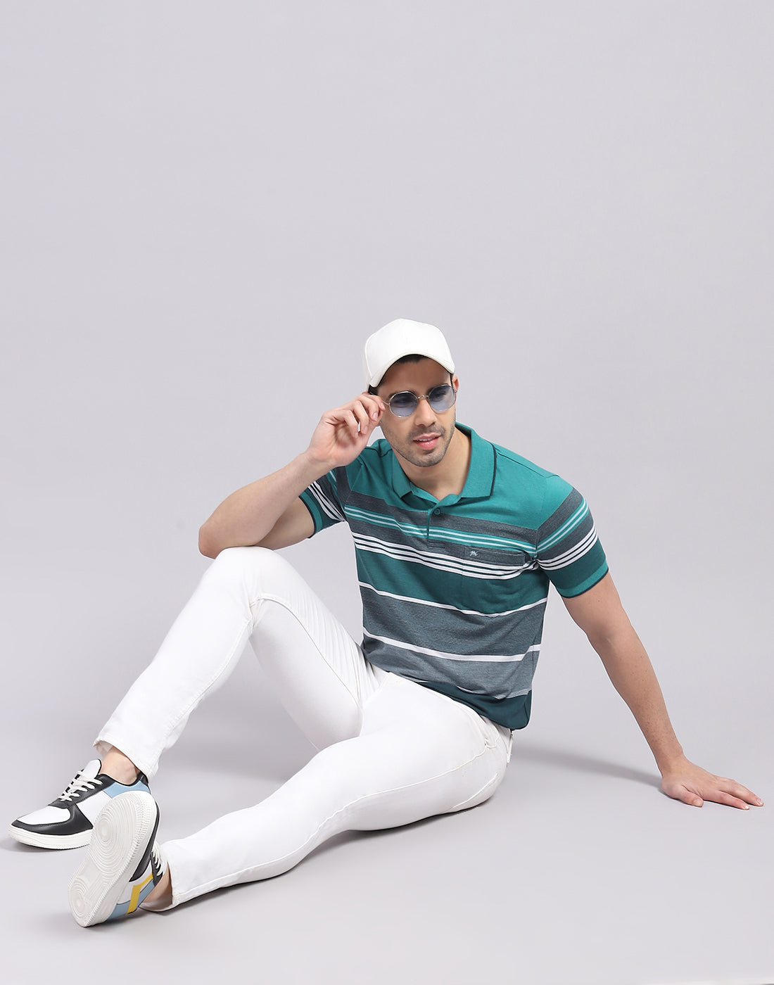 Men Turquoise Blue Stripe Polo Collar Half Sleeve T-Shirt