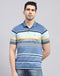 Men Blue Stripe Polo Collar Half Sleeve T-Shirt