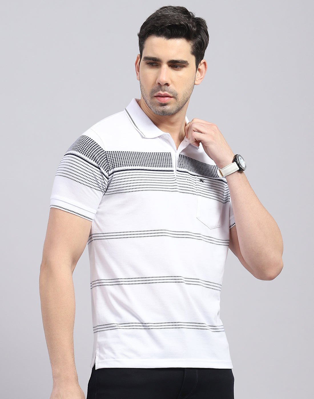 Men White Stripe Polo Collar Half Sleeve T-Shirt