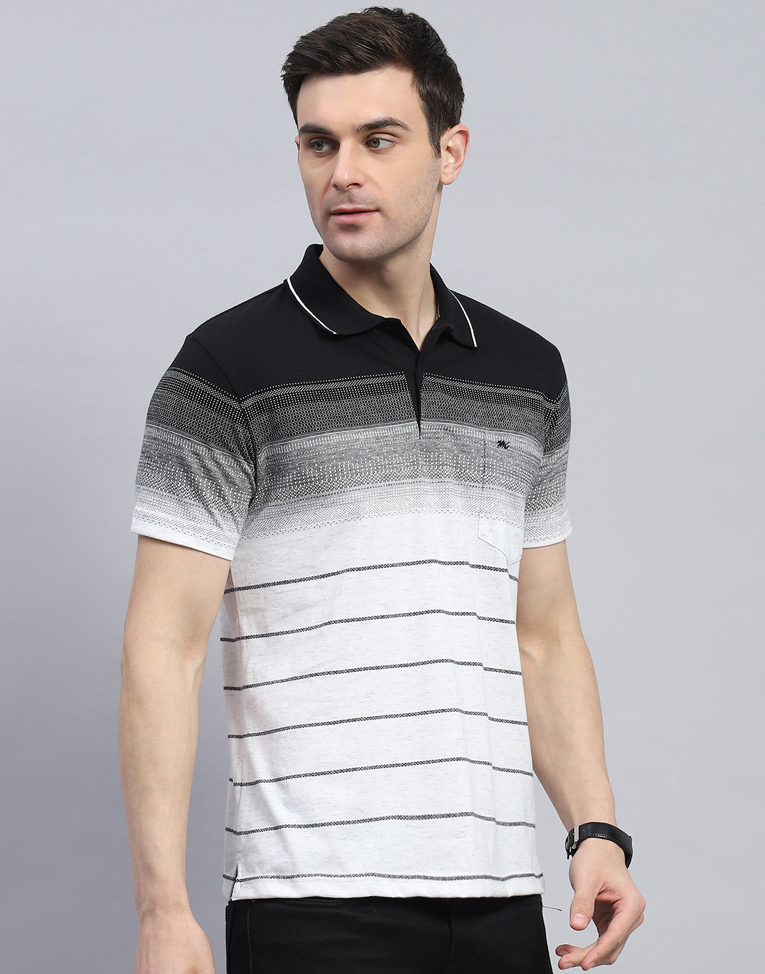Men Black Stripe Polo Collar Half Sleeve T-Shirt