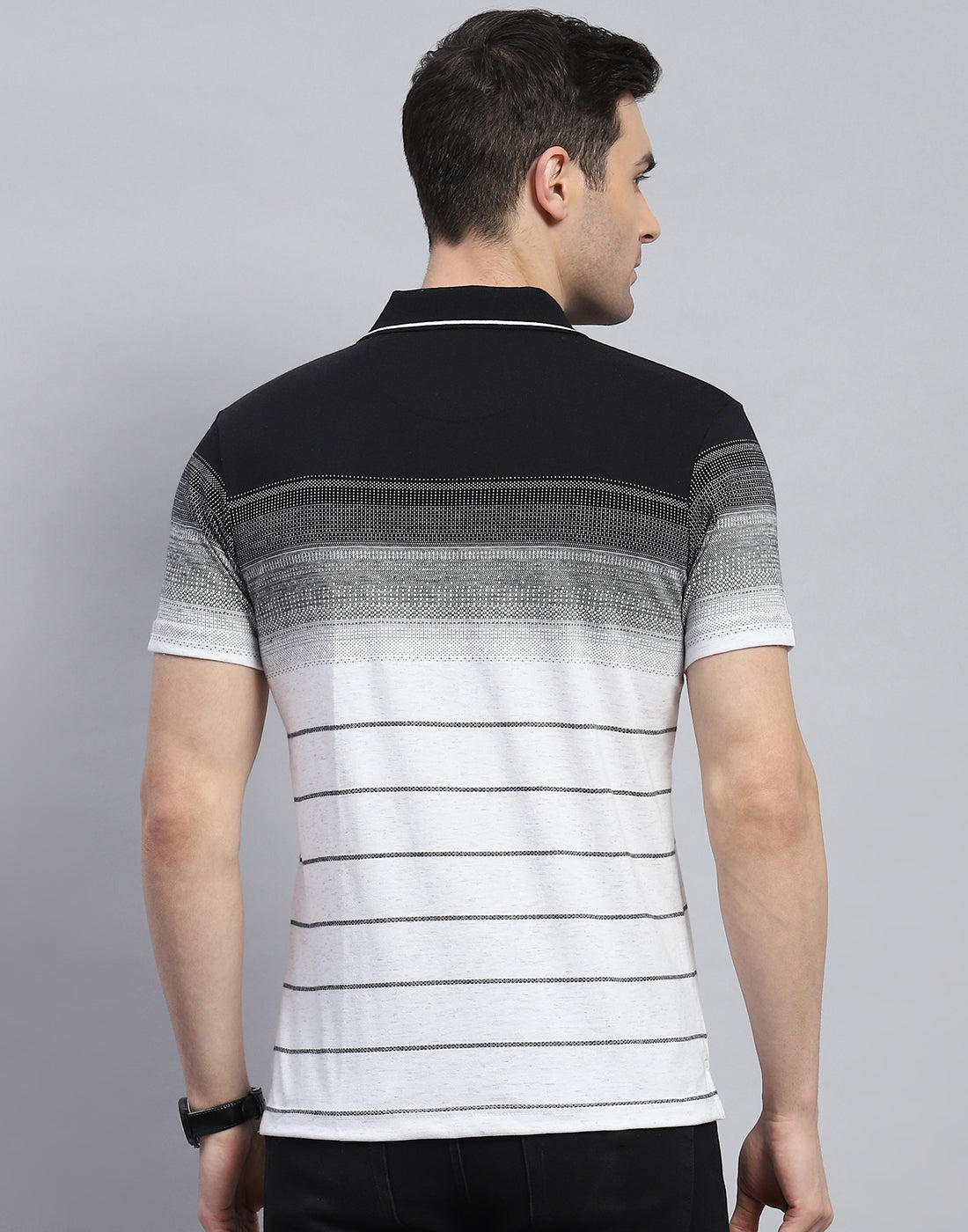 Men Black Stripe Polo Collar Half Sleeve T-Shirt
