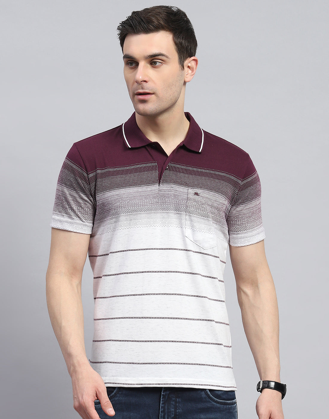 Men Maroon Stripe Polo Collar Half Sleeve T-Shirt