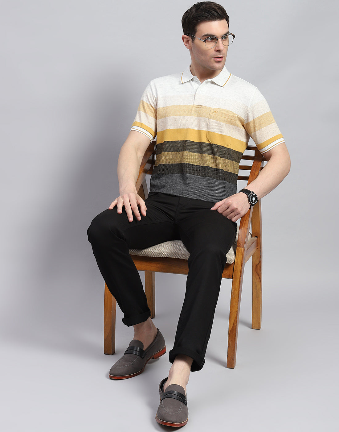 Men Yellow Stripe Polo Collar Half Sleeve T-Shirt