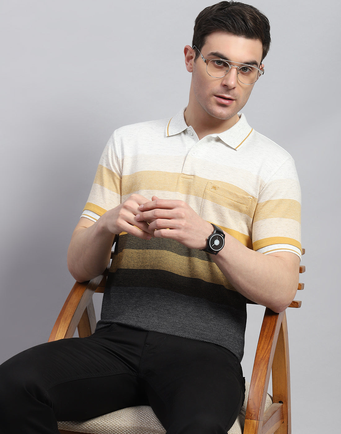 Men Yellow Stripe Polo Collar Half Sleeve T-Shirt