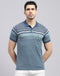 Men Blue Stripe Polo Collar Half Sleeve T-Shirt