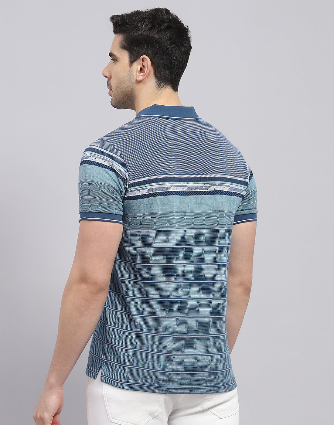 Men Blue Stripe Polo Collar Half Sleeve T-Shirt