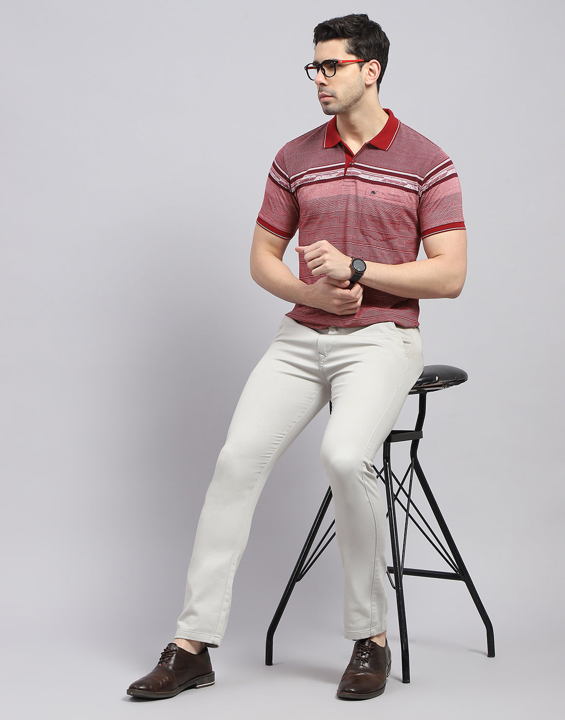 Men Maroon Stripe Polo Collar Half Sleeve T-Shirt