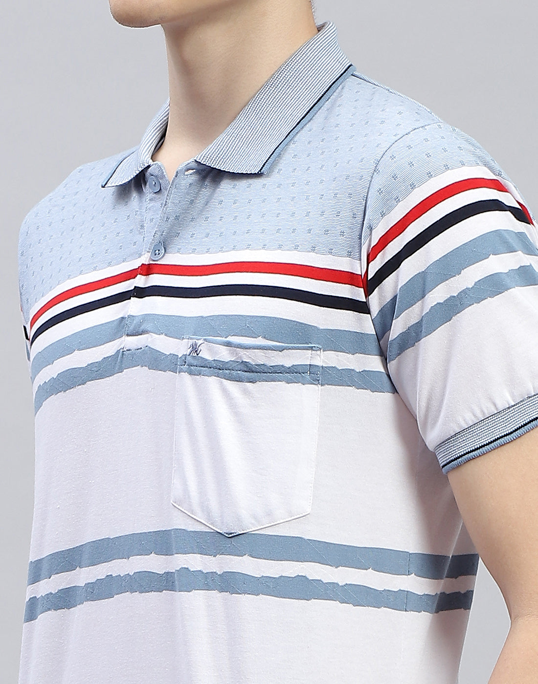 Men Blue Stripe Polo Collar Half Sleeve T-Shirt