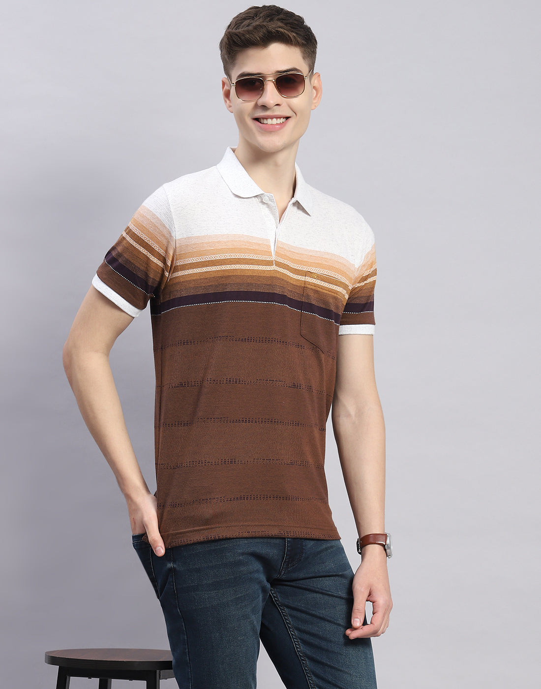 Men Brown Stripe Polo Collar Half Sleeve T-Shirt