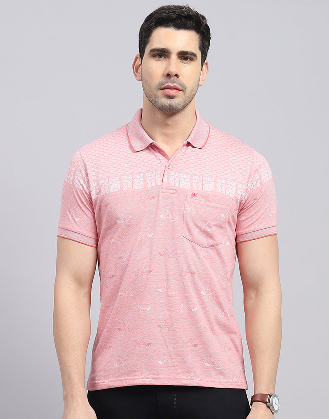 Men Pink Printed Polo Collar Half Sleeve T-Shirt