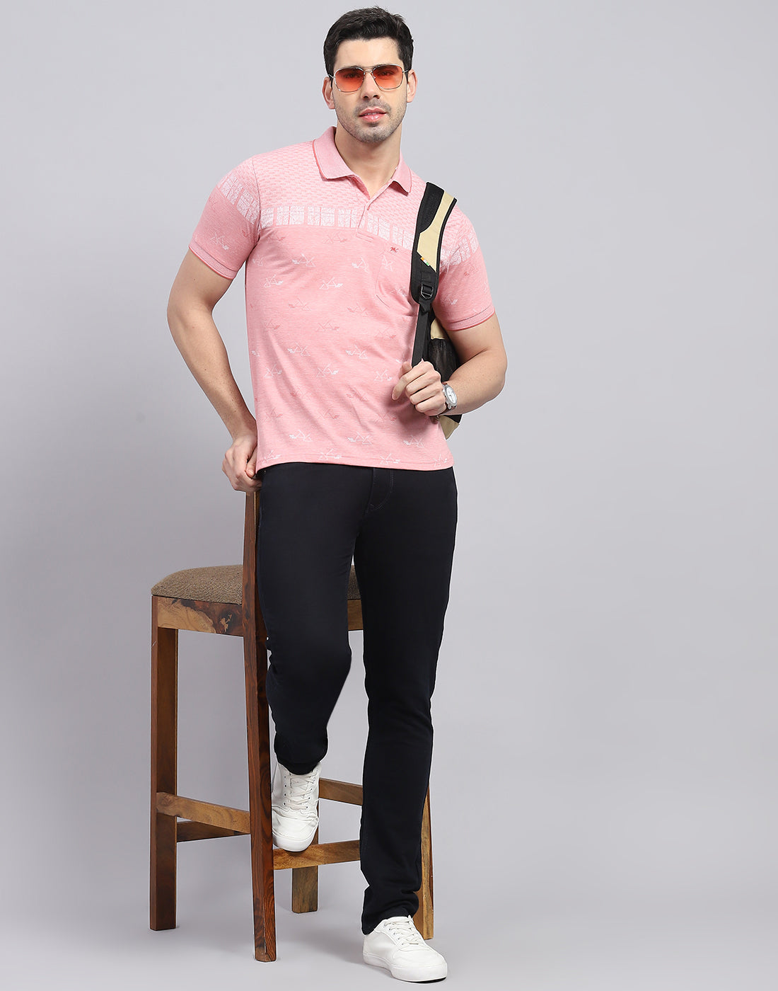 Men Pink Printed Polo Collar Half Sleeve T-Shirt
