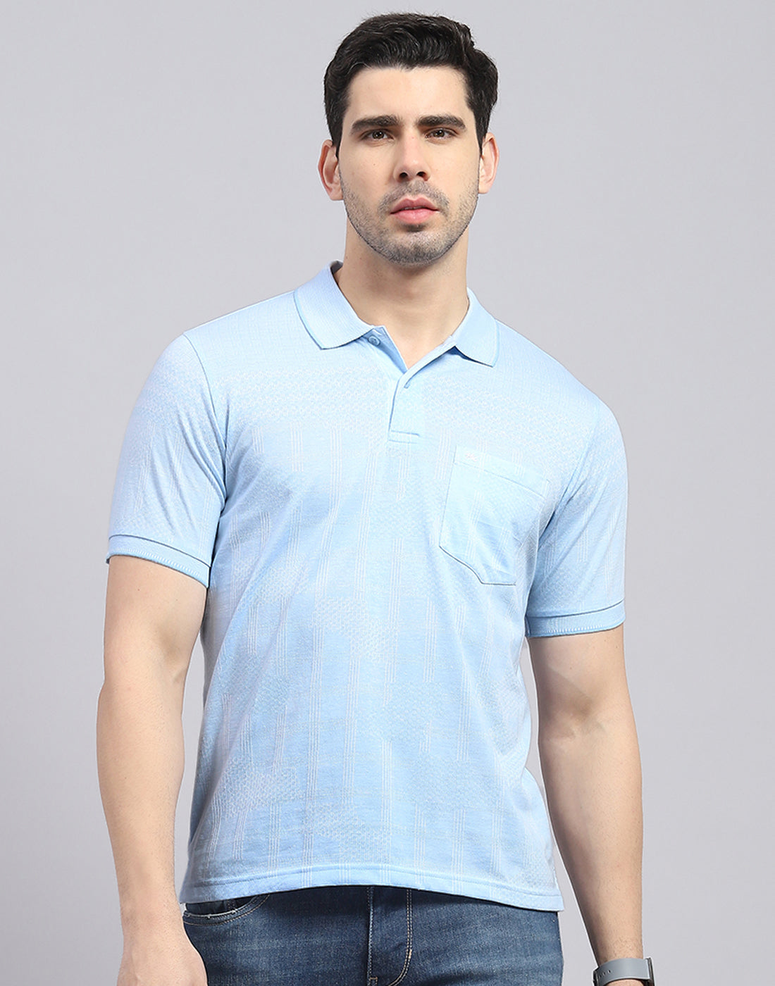 Men Blue Printed Polo Collar Half Sleeve T-Shirt