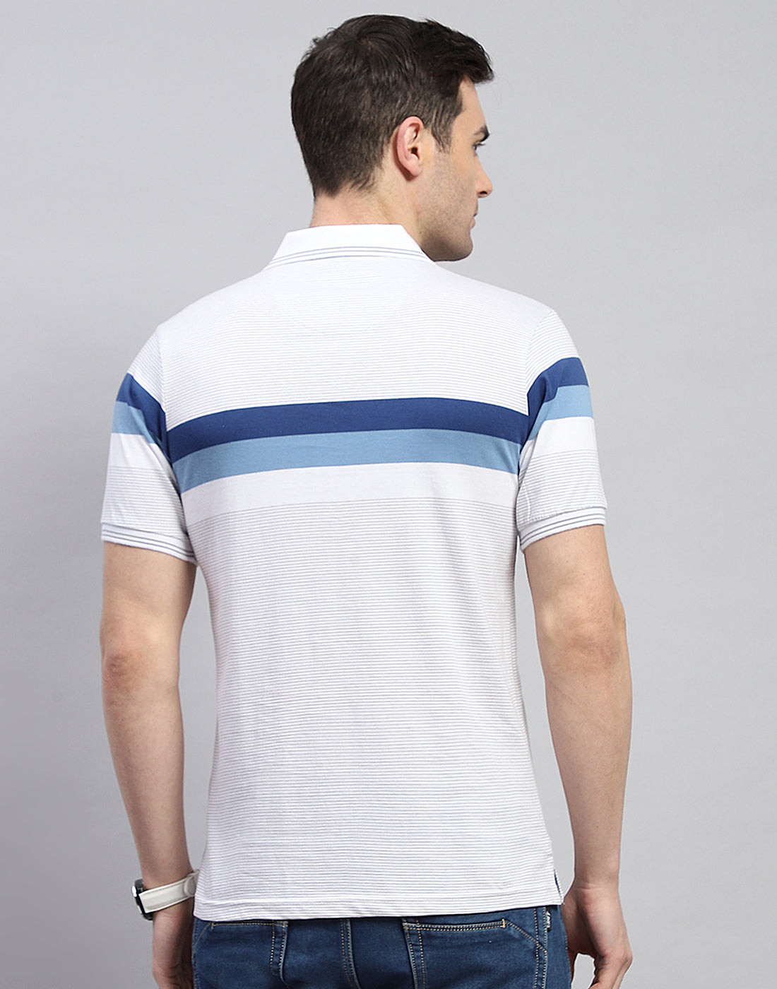 Men Off White Stripe Polo Collar Half Sleeve T-Shirt
