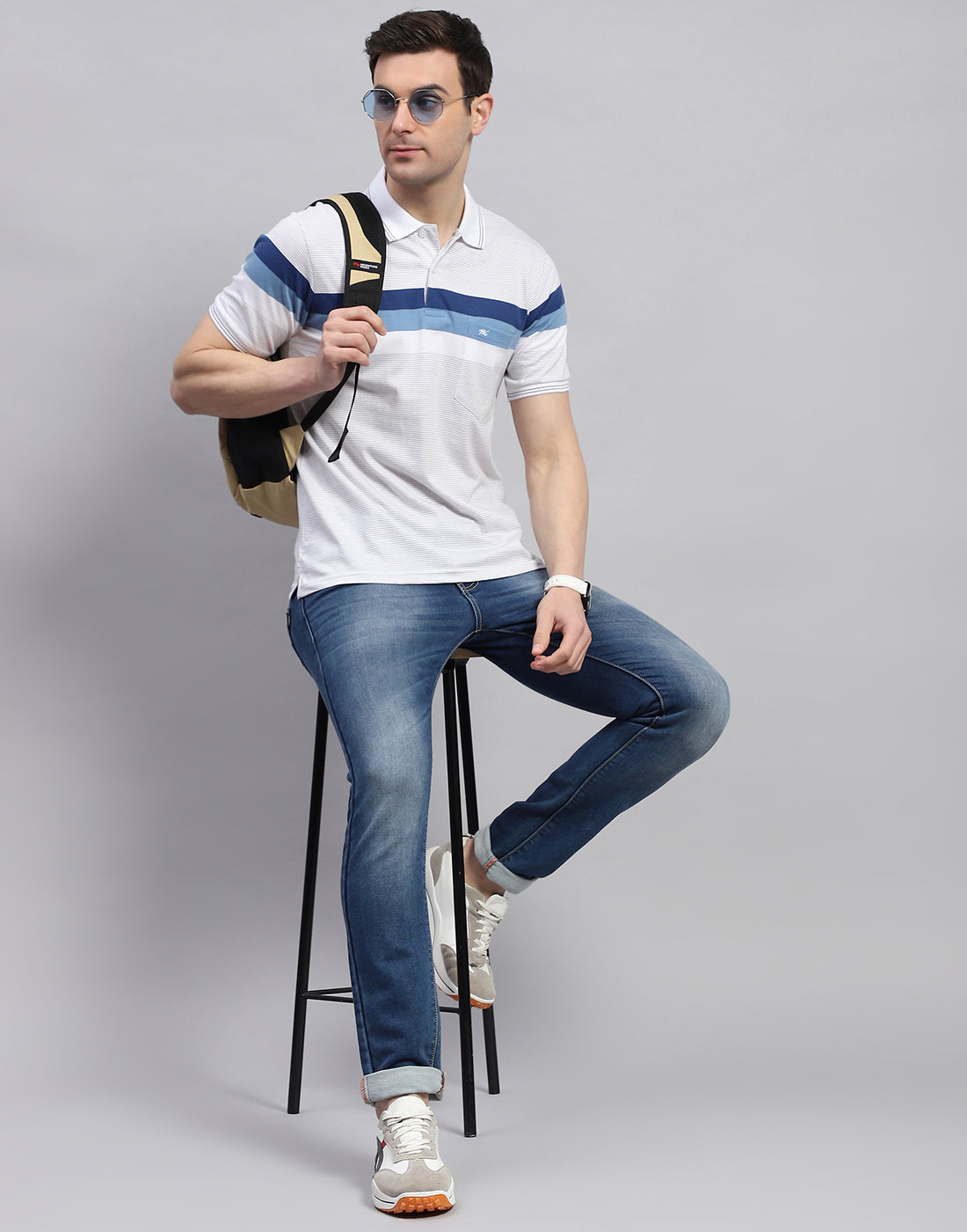 Men Off White Stripe Polo Collar Half Sleeve T-Shirt