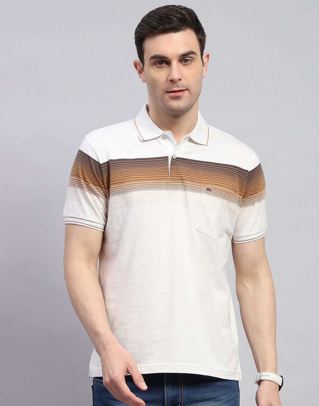 Men Brown Stripe Polo Collar Half Sleeve T-Shirt