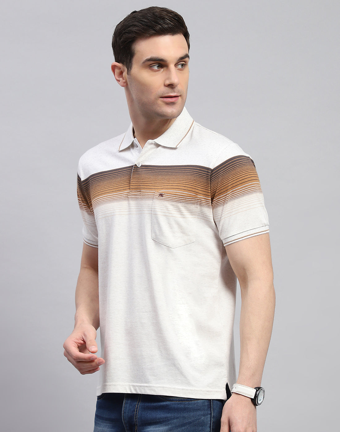 Men Brown Stripe Polo Collar Half Sleeve T-Shirt