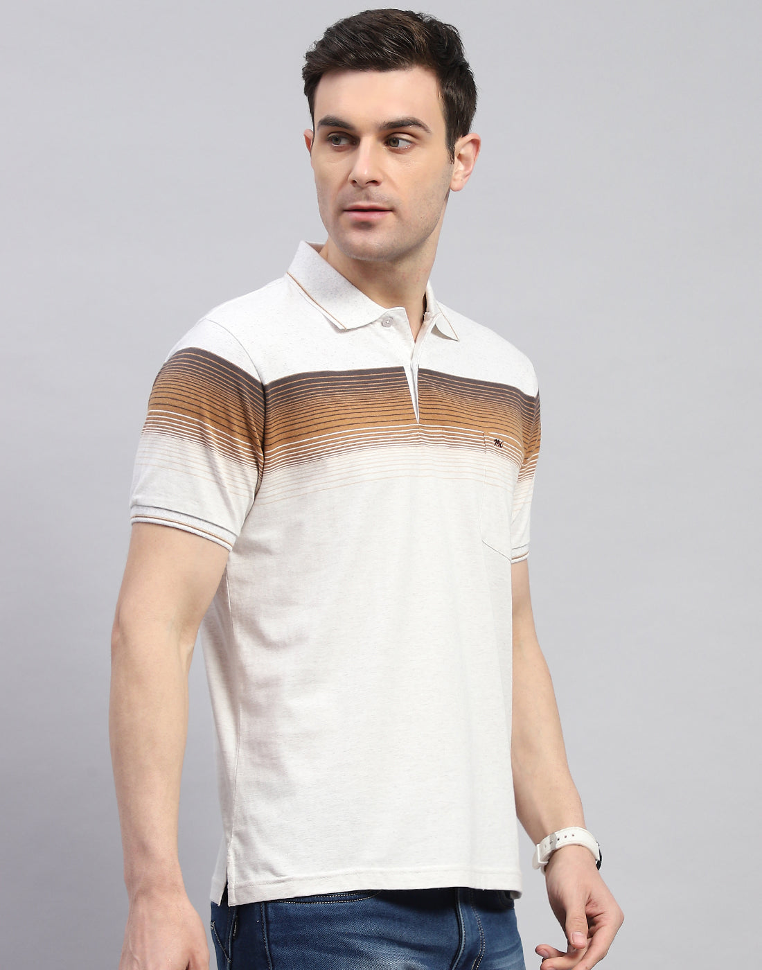 Men Brown Stripe Polo Collar Half Sleeve T-Shirt