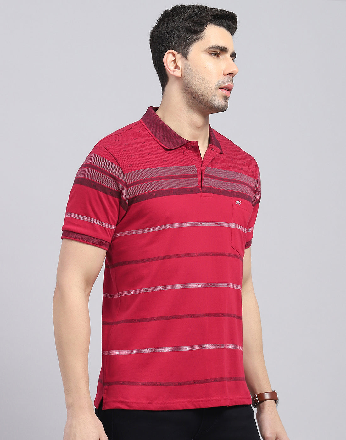 Men Red Stripe Polo Collar Half Sleeve T-Shirt