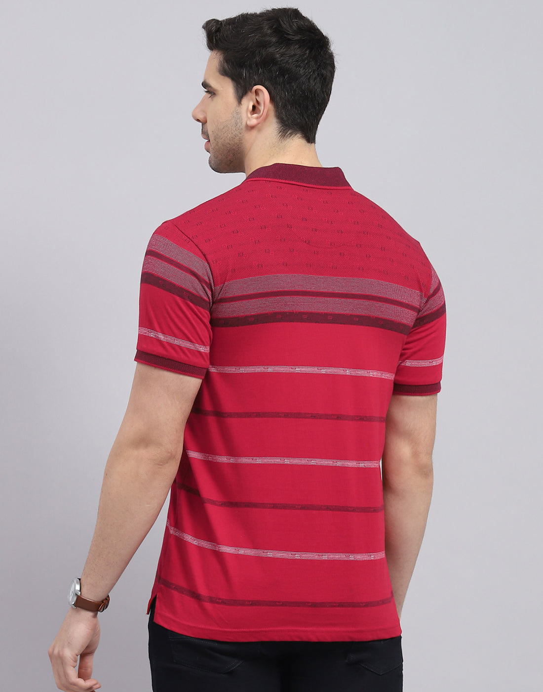 Men Red Stripe Polo Collar Half Sleeve T-Shirt