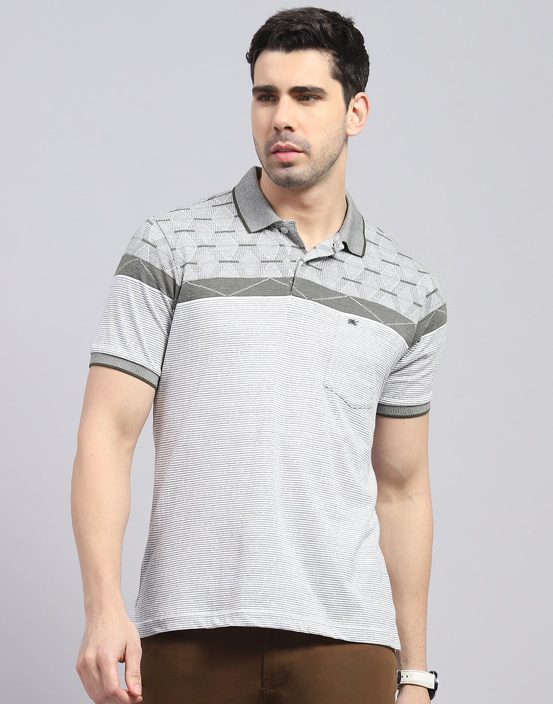 Men Olive Stripe Polo Collar Half Sleeve T-Shirt