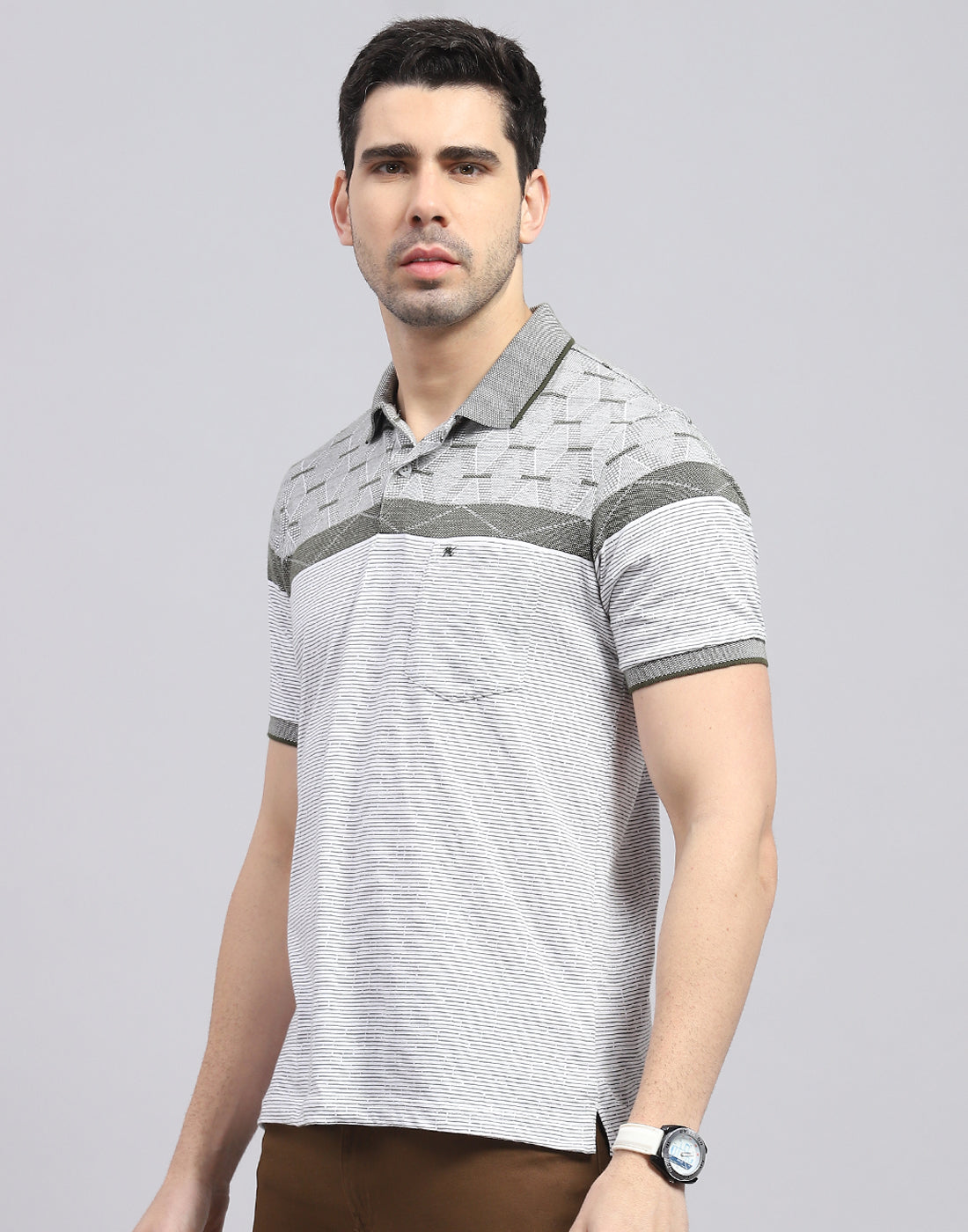 Men Olive Stripe Polo Collar Half Sleeve T-Shirt