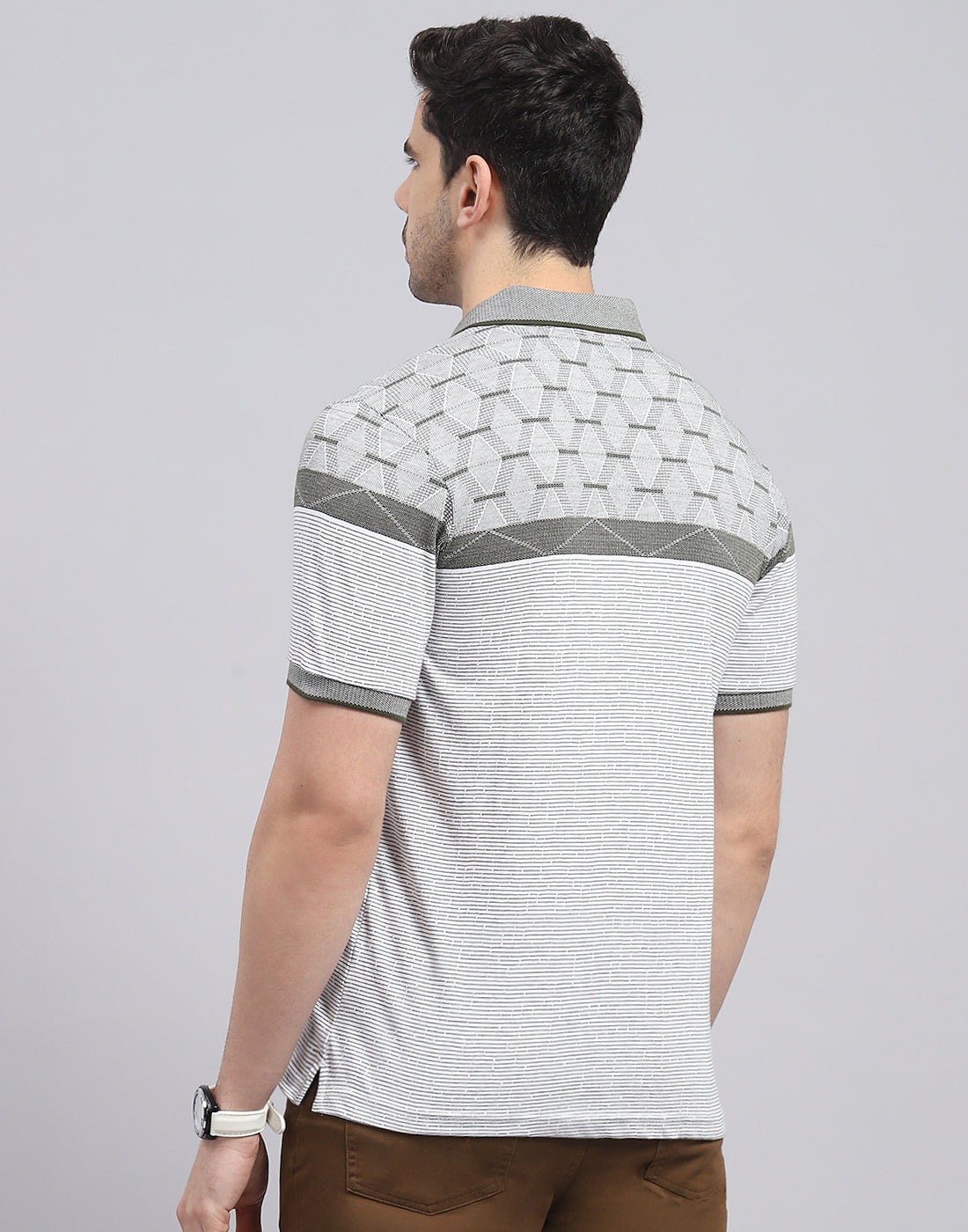 Men Olive Stripe Polo Collar Half Sleeve T-Shirt