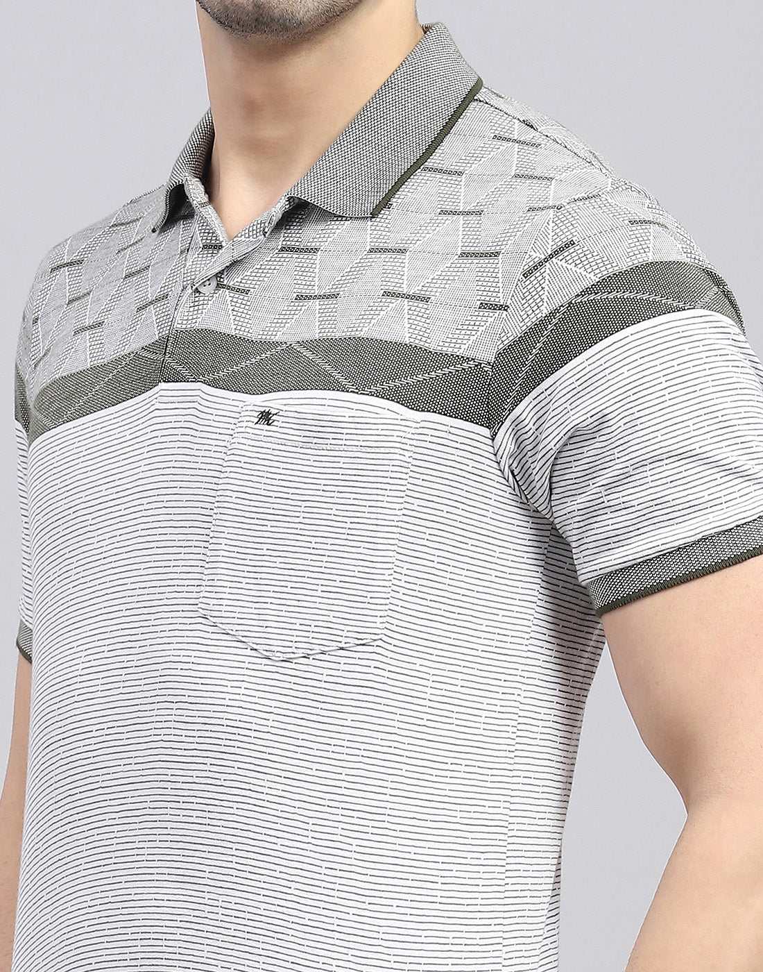 Men Olive Stripe Polo Collar Half Sleeve T-Shirt