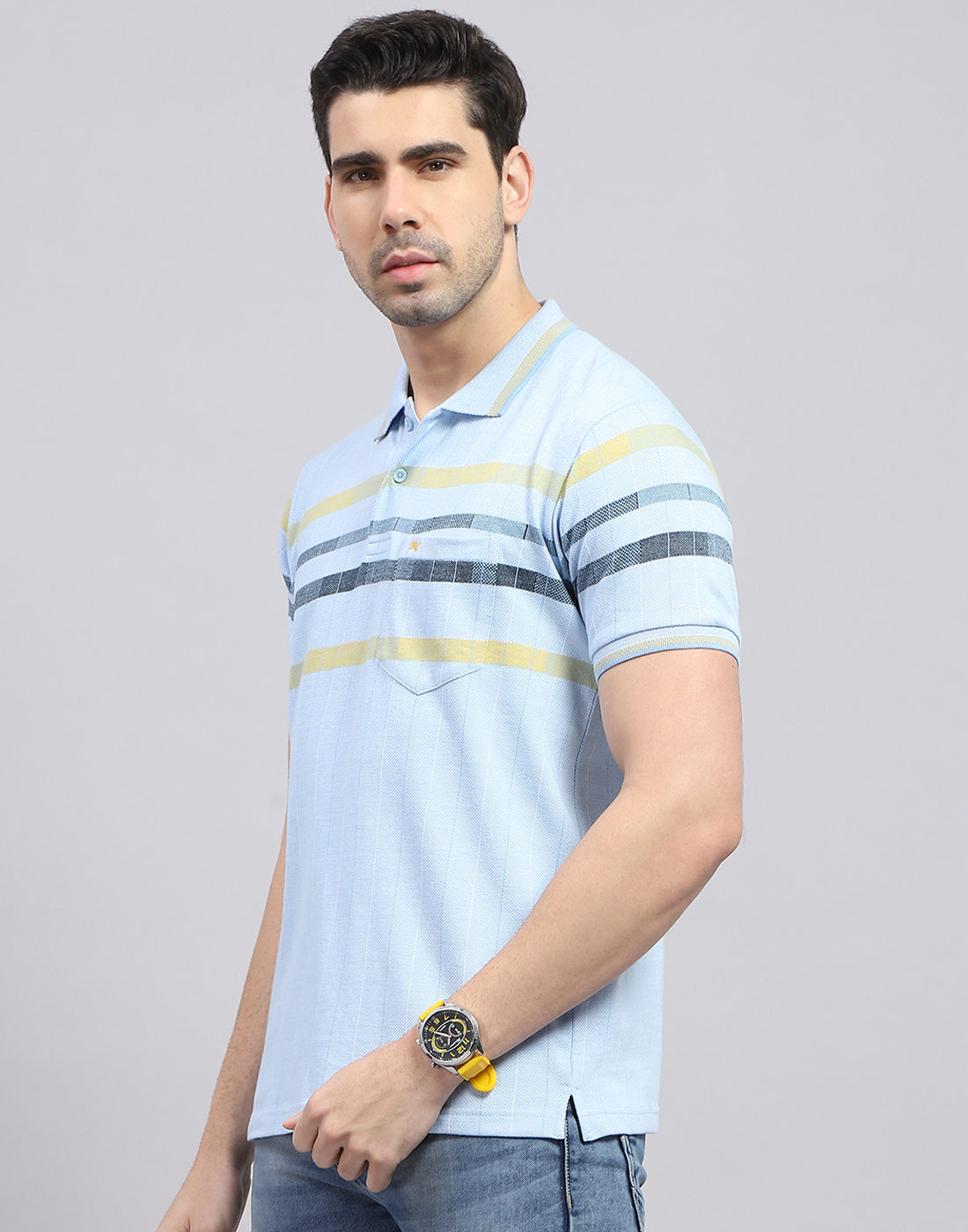 Men Blue Stripe Polo Collar Half Sleeve T-Shirt