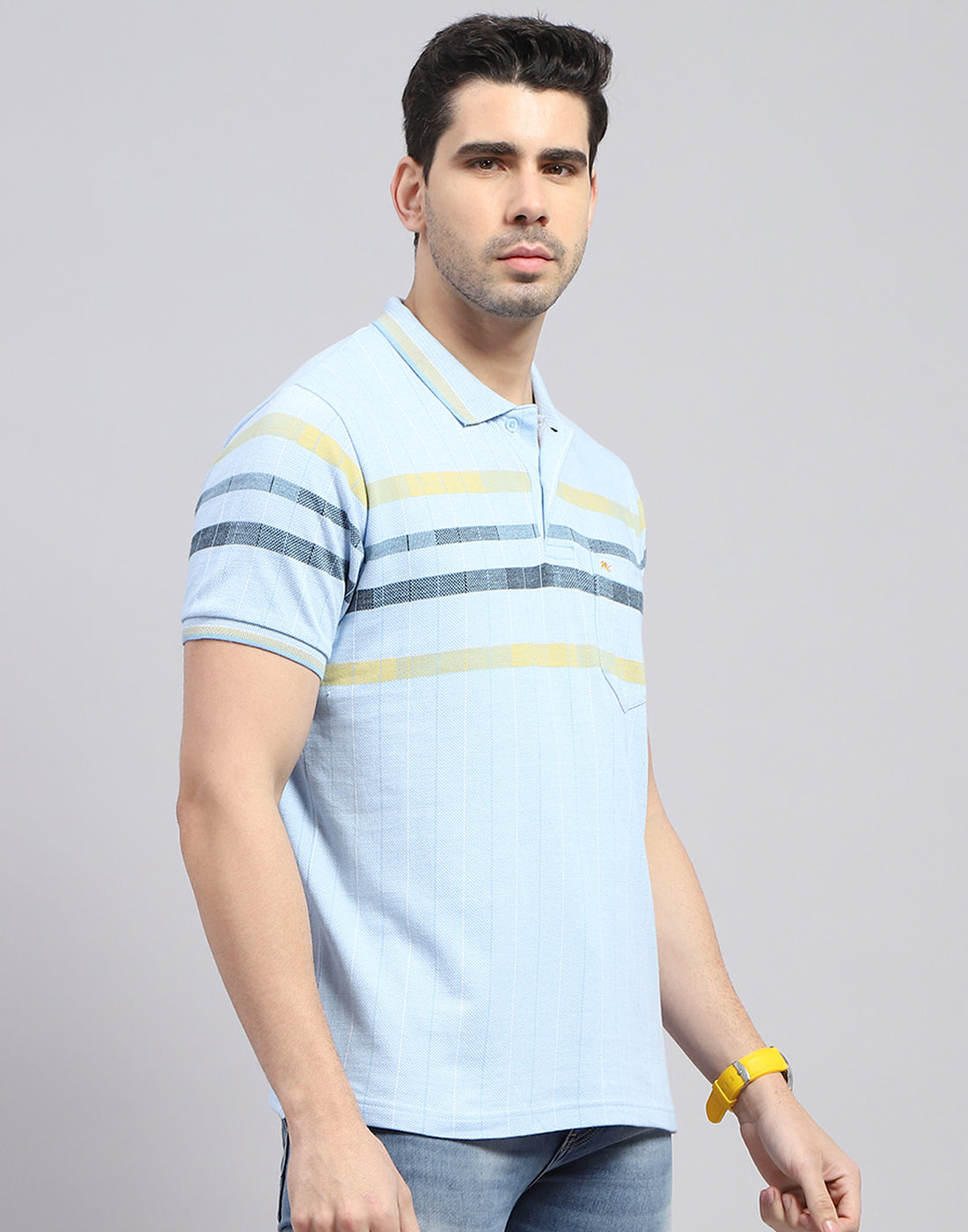 Men Blue Stripe Polo Collar Half Sleeve T-Shirt