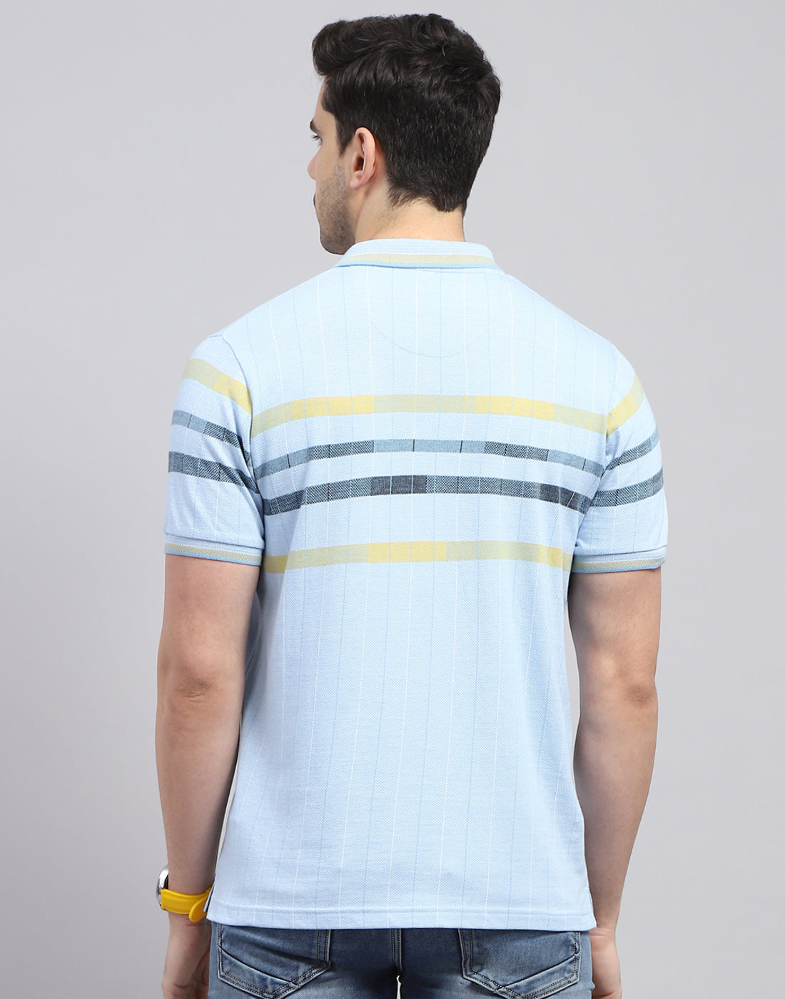 Men Blue Stripe Polo Collar Half Sleeve T-Shirt