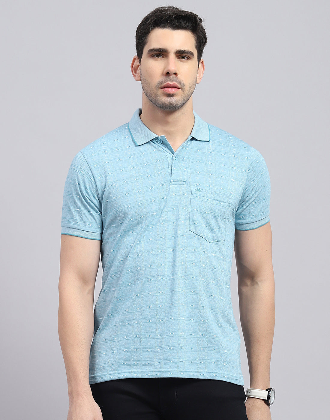 Men Blue Printed Polo Collar Half Sleeve T-Shirt
