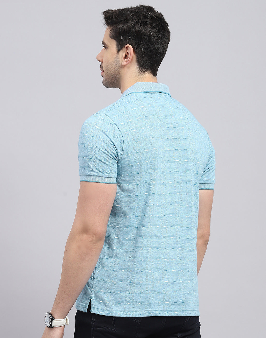 Men Blue Printed Polo Collar Half Sleeve T-Shirt