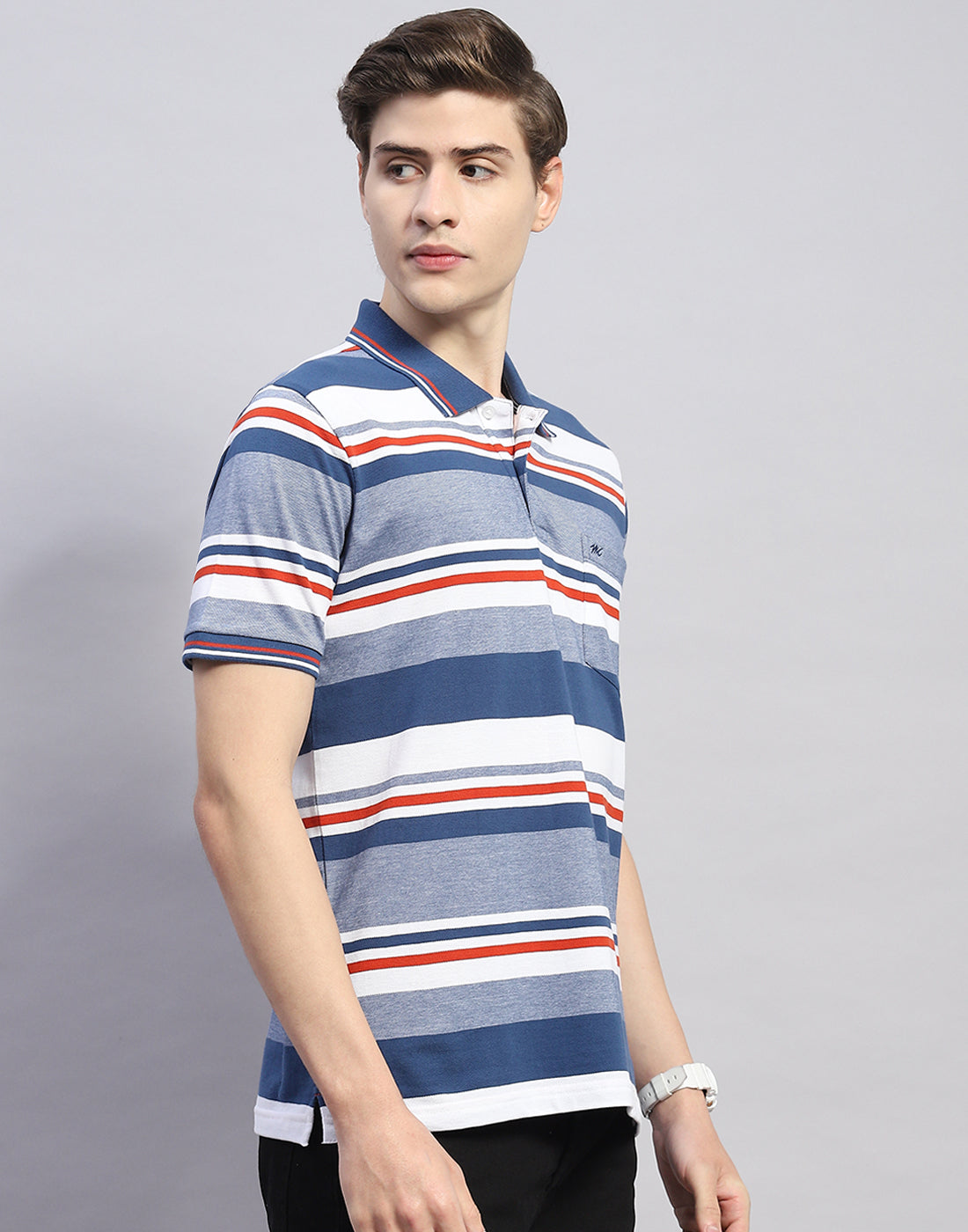 Men Blue Stripe Polo Collar Half Sleeve T-Shirt